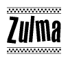 The image contains the text Zulma in a bold, stylized font, with a checkered flag pattern bordering the top and bottom of the text.