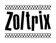 The image contains the text Zoltrix in a bold, stylized font, with a checkered flag pattern bordering the top and bottom of the text.