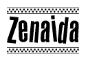 The image is a black and white clipart of the text Zenaida in a bold, italicized font. The text is bordered by a dotted line on the top and bottom, and there are checkered flags positioned at both ends of the text, usually associated with racing or finishing lines.