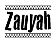 The image is a black and white clipart of the text Zauyah in a bold, italicized font. The text is bordered by a dotted line on the top and bottom, and there are checkered flags positioned at both ends of the text, usually associated with racing or finishing lines.