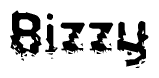 This nametag says Bizzy, and has a static looking effect at the bottom of the words. The words are in a stylized font.