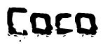 This nametag says Coco, and has a static looking effect at the bottom of the words. The words are in a stylized font.