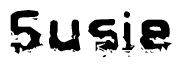 This nametag says Susie, and has a static looking effect at the bottom of the words. The words are in a stylized font.