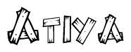 The image contains the name Atiya written in a decorative, stylized font with a hand-drawn appearance. The lines are made up of what appears to be planks of wood, which are nailed together