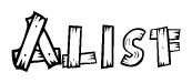 The image contains the name Alisf written in a decorative, stylized font with a hand-drawn appearance. The lines are made up of what appears to be planks of wood, which are nailed together
