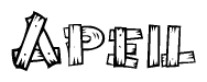The image contains the name Apeil written in a decorative, stylized font with a hand-drawn appearance. The lines are made up of what appears to be planks of wood, which are nailed together