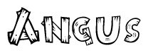 The image contains the name Angus written in a decorative, stylized font with a hand-drawn appearance. The lines are made up of what appears to be planks of wood, which are nailed together