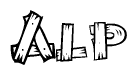 The image contains the name Alp written in a decorative, stylized font with a hand-drawn appearance. The lines are made up of what appears to be planks of wood, which are nailed together