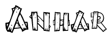 The image contains the name Anhar written in a decorative, stylized font with a hand-drawn appearance. The lines are made up of what appears to be planks of wood, which are nailed together