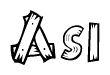 The image contains the name Asi written in a decorative, stylized font with a hand-drawn appearance. The lines are made up of what appears to be planks of wood, which are nailed together