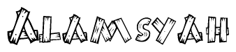 The image contains the name Alamsyah written in a decorative, stylized font with a hand-drawn appearance. The lines are made up of what appears to be planks of wood, which are nailed together