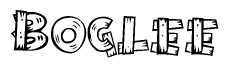 The image contains the name Boglee written in a decorative, stylized font with a hand-drawn appearance. The lines are made up of what appears to be planks of wood, which are nailed together
