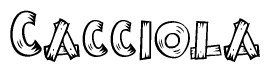 The image contains the name Cacciola written in a decorative, stylized font with a hand-drawn appearance. The lines are made up of what appears to be planks of wood, which are nailed together