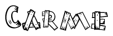 The image contains the name Carme written in a decorative, stylized font with a hand-drawn appearance. The lines are made up of what appears to be planks of wood, which are nailed together