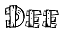 The clipart image shows the name Dee stylized to look like it is constructed out of separate wooden planks or boards, with each letter having wood grain and plank-like details.