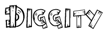 The image contains the name Diggity written in a decorative, stylized font with a hand-drawn appearance. The lines are made up of what appears to be planks of wood, which are nailed together
