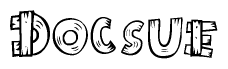 The image contains the name Docsue written in a decorative, stylized font with a hand-drawn appearance. The lines are made up of what appears to be planks of wood, which are nailed together