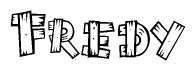 The image contains the name Fredy written in a decorative, stylized font with a hand-drawn appearance. The lines are made up of what appears to be planks of wood, which are nailed together