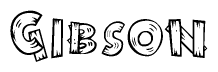 The image contains the name Gibson written in a decorative, stylized font with a hand-drawn appearance. The lines are made up of what appears to be planks of wood, which are nailed together