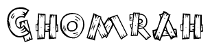 The image contains the name Ghomrah written in a decorative, stylized font with a hand-drawn appearance. The lines are made up of what appears to be planks of wood, which are nailed together