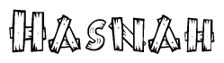 The image contains the name Hasnah written in a decorative, stylized font with a hand-drawn appearance. The lines are made up of what appears to be planks of wood, which are nailed together