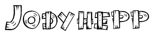 The image contains the name Jodyhepp written in a decorative, stylized font with a hand-drawn appearance. The lines are made up of what appears to be planks of wood, which are nailed together