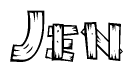 The image contains the name Jen written in a decorative, stylized font with a hand-drawn appearance. The lines are made up of what appears to be planks of wood, which are nailed together
