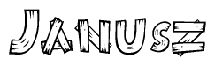 The clipart image shows the name Janusz stylized to look like it is constructed out of separate wooden planks or boards, with each letter having wood grain and plank-like details.