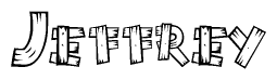 The image contains the name Jeffrey written in a decorative, stylized font with a hand-drawn appearance. The lines are made up of what appears to be planks of wood, which are nailed together