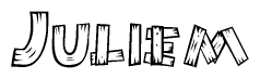 The image contains the name Juliem written in a decorative, stylized font with a hand-drawn appearance. The lines are made up of what appears to be planks of wood, which are nailed together
