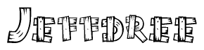 The clipart image shows the name Jeffdree stylized to look like it is constructed out of separate wooden planks or boards, with each letter having wood grain and plank-like details.