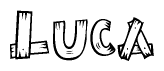 The image contains the name Luca written in a decorative, stylized font with a hand-drawn appearance. The lines are made up of what appears to be planks of wood, which are nailed together
