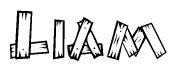 The image contains the name Liam written in a decorative, stylized font with a hand-drawn appearance. The lines are made up of what appears to be planks of wood, which are nailed together