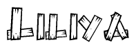 The image contains the name Liliya written in a decorative, stylized font with a hand-drawn appearance. The lines are made up of what appears to be planks of wood, which are nailed together