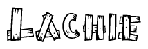 The image contains the name Lachie written in a decorative, stylized font with a hand-drawn appearance. The lines are made up of what appears to be planks of wood, which are nailed together