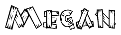 The image contains the name Megan written in a decorative, stylized font with a hand-drawn appearance. The lines are made up of what appears to be planks of wood, which are nailed together