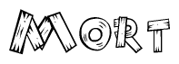 The image contains the name Mort written in a decorative, stylized font with a hand-drawn appearance. The lines are made up of what appears to be planks of wood, which are nailed together