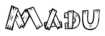 The image contains the name Madu written in a decorative, stylized font with a hand-drawn appearance. The lines are made up of what appears to be planks of wood, which are nailed together