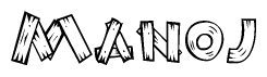 The image contains the name Manoj written in a decorative, stylized font with a hand-drawn appearance. The lines are made up of what appears to be planks of wood, which are nailed together