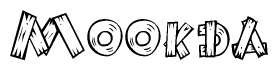 The clipart image shows the name Mookda stylized to look like it is constructed out of separate wooden planks or boards, with each letter having wood grain and plank-like details.