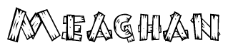 The image contains the name Meaghan written in a decorative, stylized font with a hand-drawn appearance. The lines are made up of what appears to be planks of wood, which are nailed together