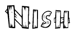 The clipart image shows the name Nish stylized to look like it is constructed out of separate wooden planks or boards, with each letter having wood grain and plank-like details.