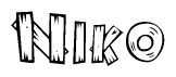 The image contains the name Niko written in a decorative, stylized font with a hand-drawn appearance. The lines are made up of what appears to be planks of wood, which are nailed together