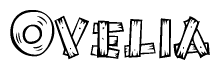 The image contains the name Ovelia written in a decorative, stylized font with a hand-drawn appearance. The lines are made up of what appears to be planks of wood, which are nailed together