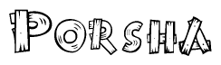 The image contains the name Porsha written in a decorative, stylized font with a hand-drawn appearance. The lines are made up of what appears to be planks of wood, which are nailed together