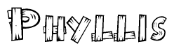 The clipart image shows the name Phyllis stylized to look as if it has been constructed out of wooden planks or logs. Each letter is designed to resemble pieces of wood.