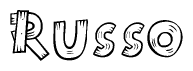The image contains the name Russo written in a decorative, stylized font with a hand-drawn appearance. The lines are made up of what appears to be planks of wood, which are nailed together