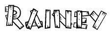 The clipart image shows the name Rainey stylized to look as if it has been constructed out of wooden planks or logs. Each letter is designed to resemble pieces of wood.