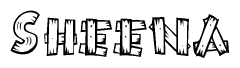 The image contains the name Sheena written in a decorative, stylized font with a hand-drawn appearance. The lines are made up of what appears to be planks of wood, which are nailed together