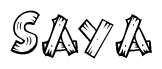 The image contains the name Saya written in a decorative, stylized font with a hand-drawn appearance. The lines are made up of what appears to be planks of wood, which are nailed together